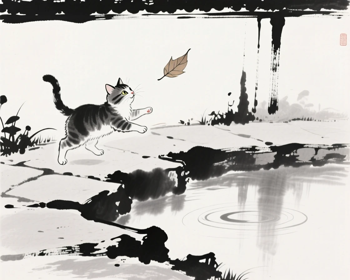 A kitten chases a falling leaf across a stone path, beside a small pond in a walled garden.