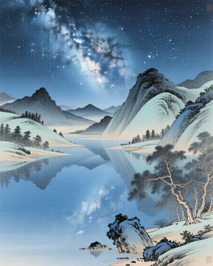 The milky way stretching over a quiet valley, reflected perfectly in the still water below