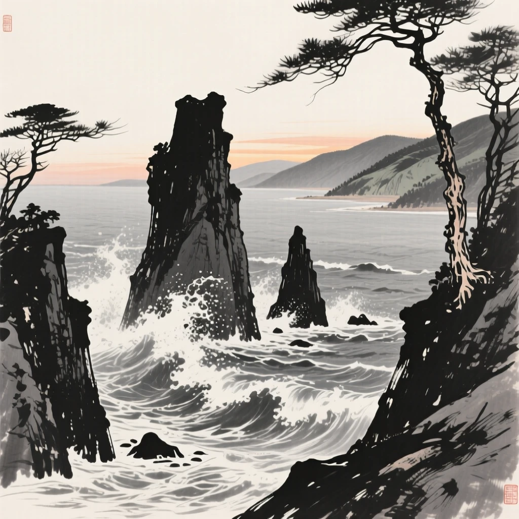 A rugged coastline where waves break against tall sea stacks with the last light of dusk catching the water's surface, framed through a gap in the trees, revealing the valley beyond, evoking a deep sense of solitude and quiet grandeur.