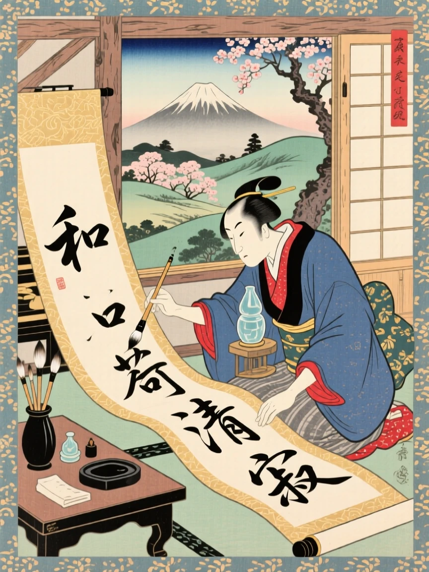 A glassblower brushing elegant characters onto a long scroll.