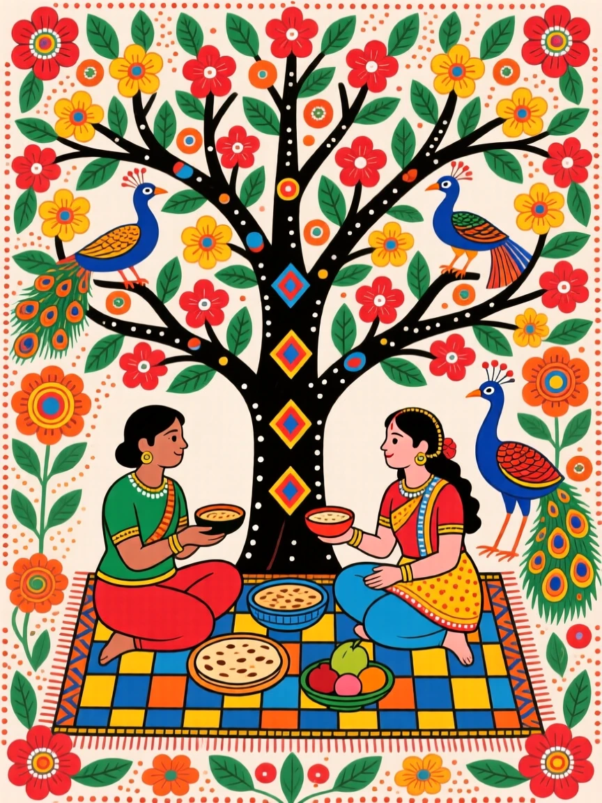 Two friends sharing a meal together beneath a blossoming tree.
