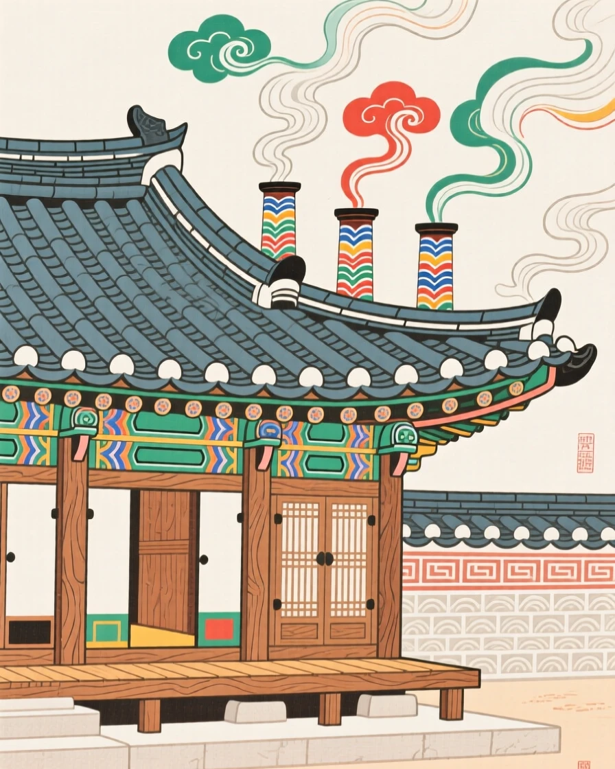 A view of a traditional wooden palace hall with curved eaves, with smoke rising gently from chimneys.