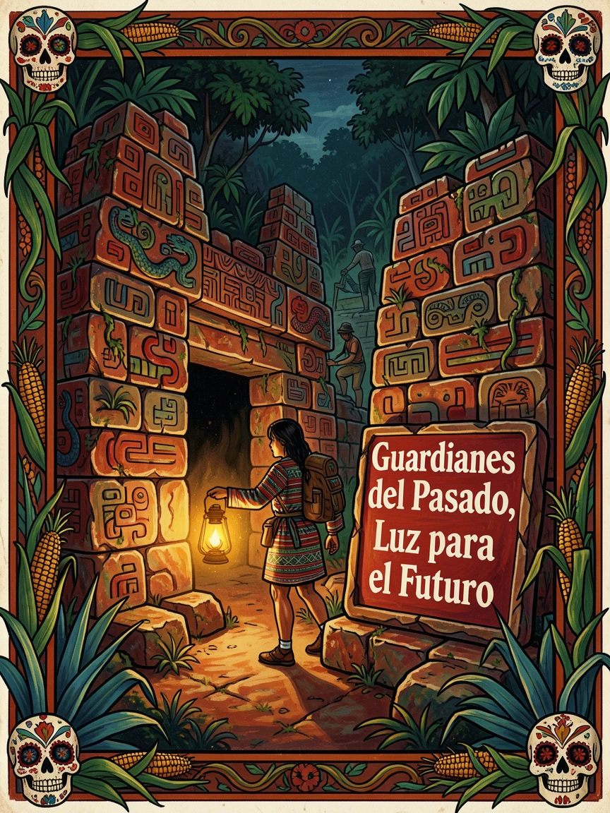 A traveler exploring ancient ruins by lantern light