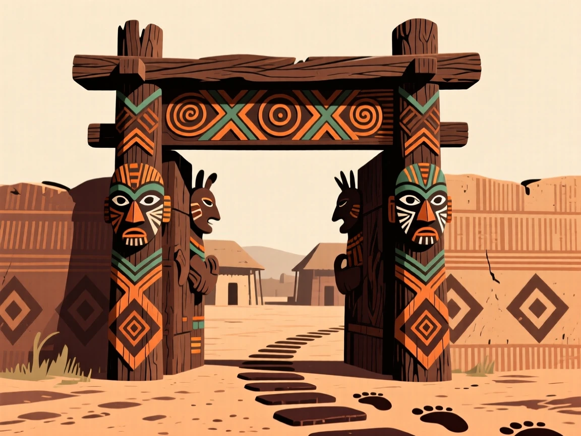 A grand carved gateway leading into a historic settlement.