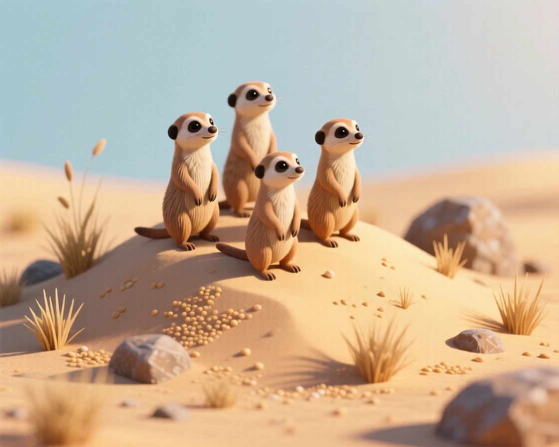 A group of meerkats standing alert atop a sandy mound, scanning the horizon together in the golden light of the savanna.
