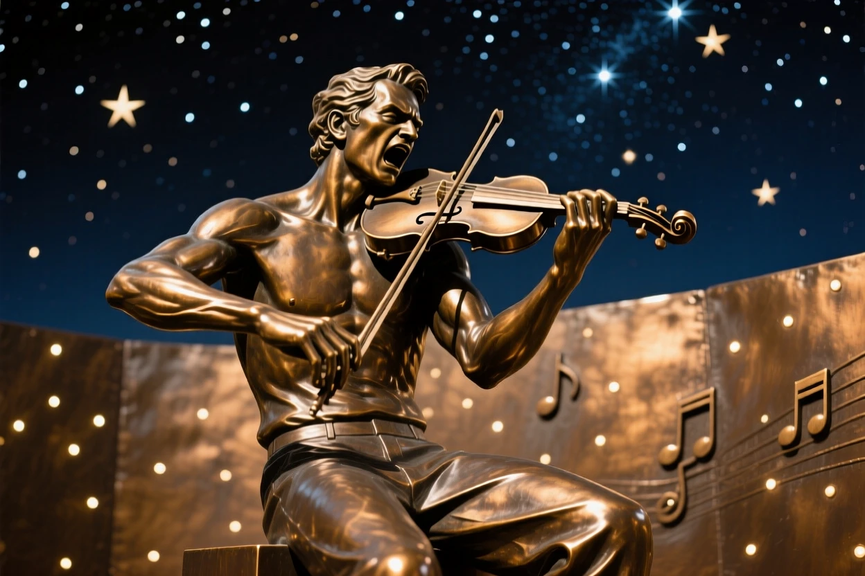 A musician performing beneath the stars, with powerful, expressive body language, forming a strong central focal point