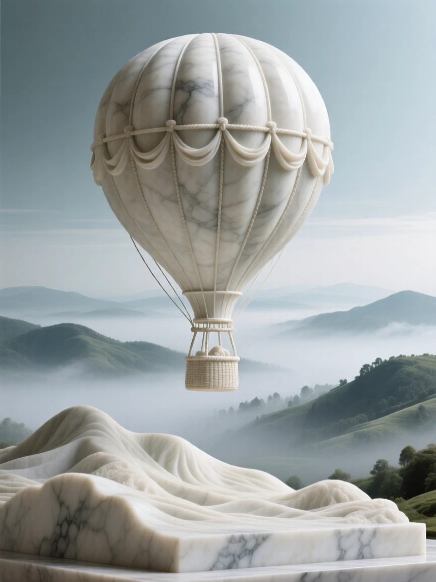 A breathtaking view of a hot air balloon drifting over misty hills, rich with color and atmosphere, evoking peace and wonder