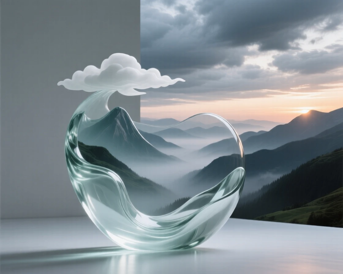 A misty mountain valley at dawn under a dramatic sky with shifting clouds, wide panoramic composition, feeling expansive and awe-inspiring.