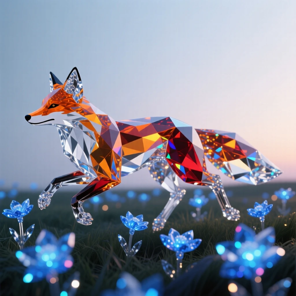A spirit fox running through a field of glowing blue flowers at twilight.