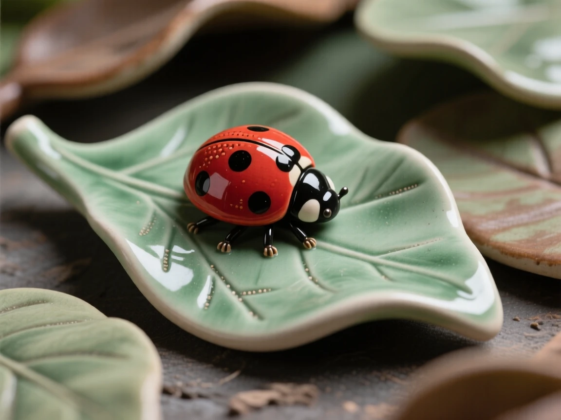 A ladybug crawling along a green leaf resting quietly amid soft foliage, its wings dusted with delicate, intricate patterns, radiating delicate, fleeting beauty.
