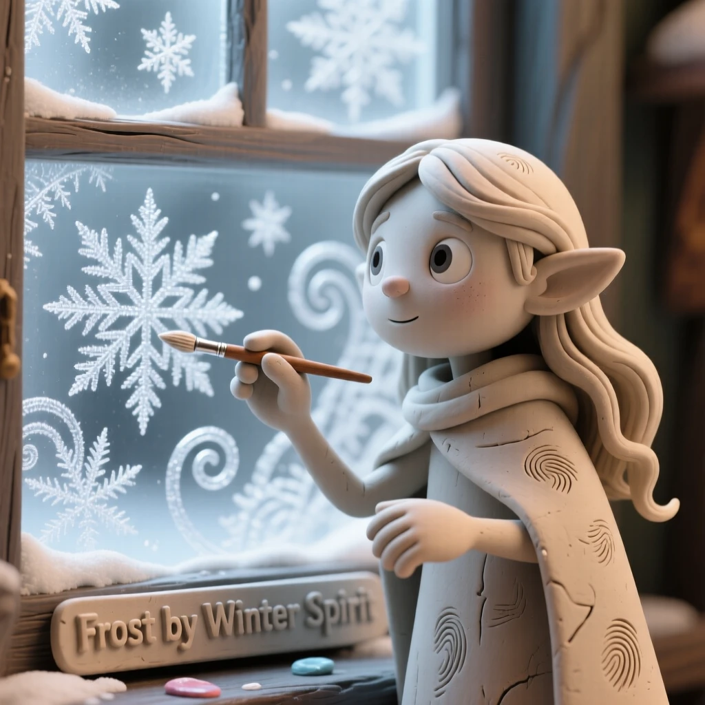 A winter spirit painting frost patterns onto a windowpane