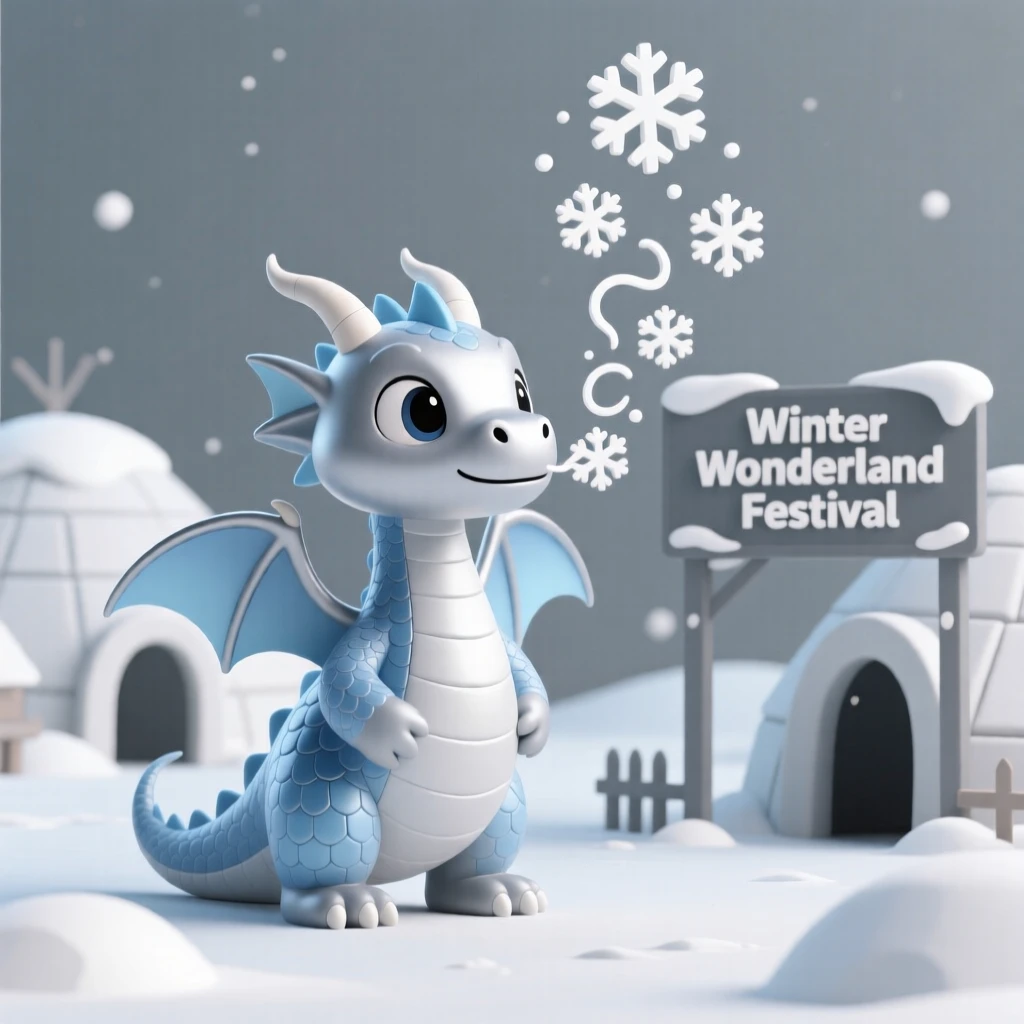A silvery dragon with icy blue scales breathes a gentle swirl of snowflakes over a winter festival.