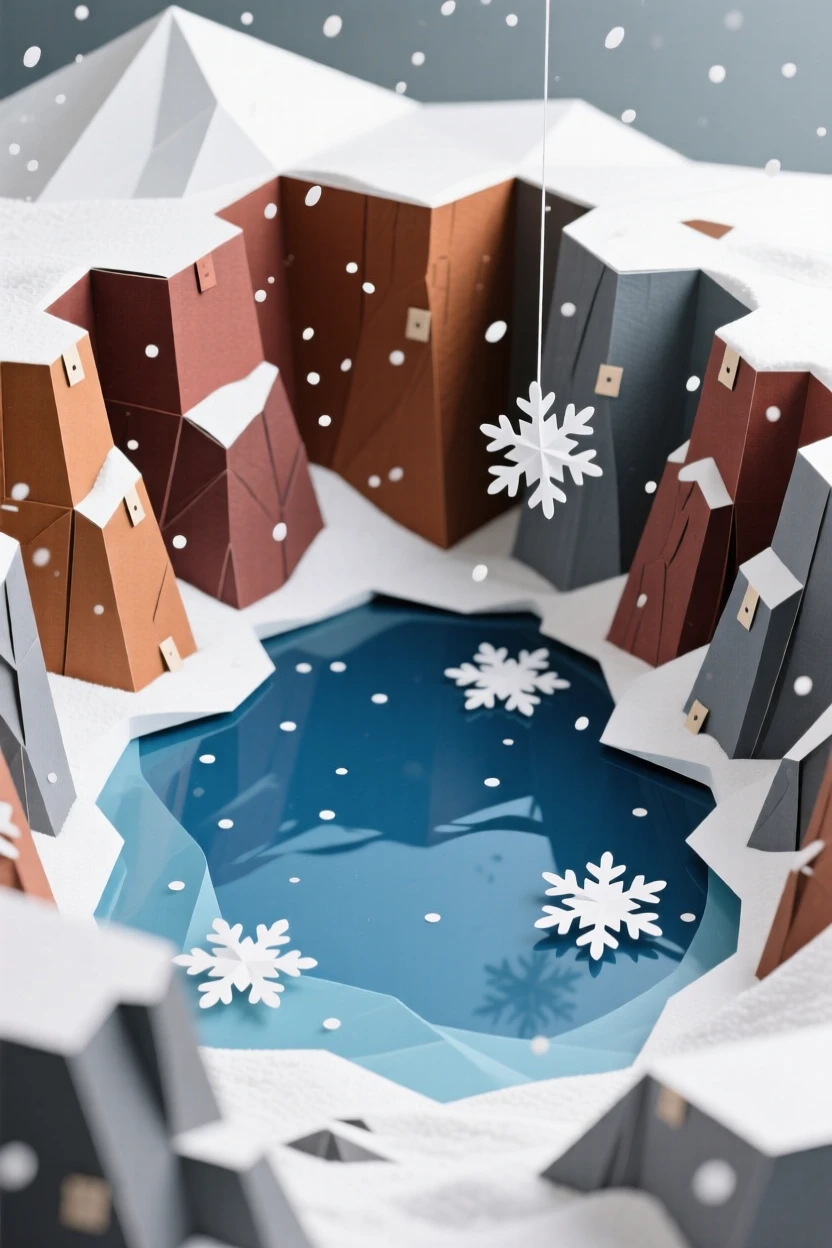 A volcanic crater lake surrounded by cliffs during a gentle snowfall, with fresh snow blanketing every surface, conveying quiet wonder and stillness.