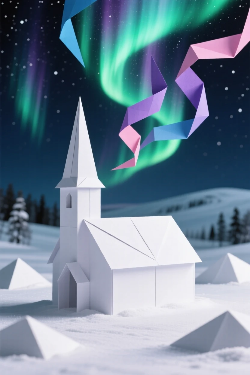 The Northern Lights swirling above a snow-covered church in rural Lapland.