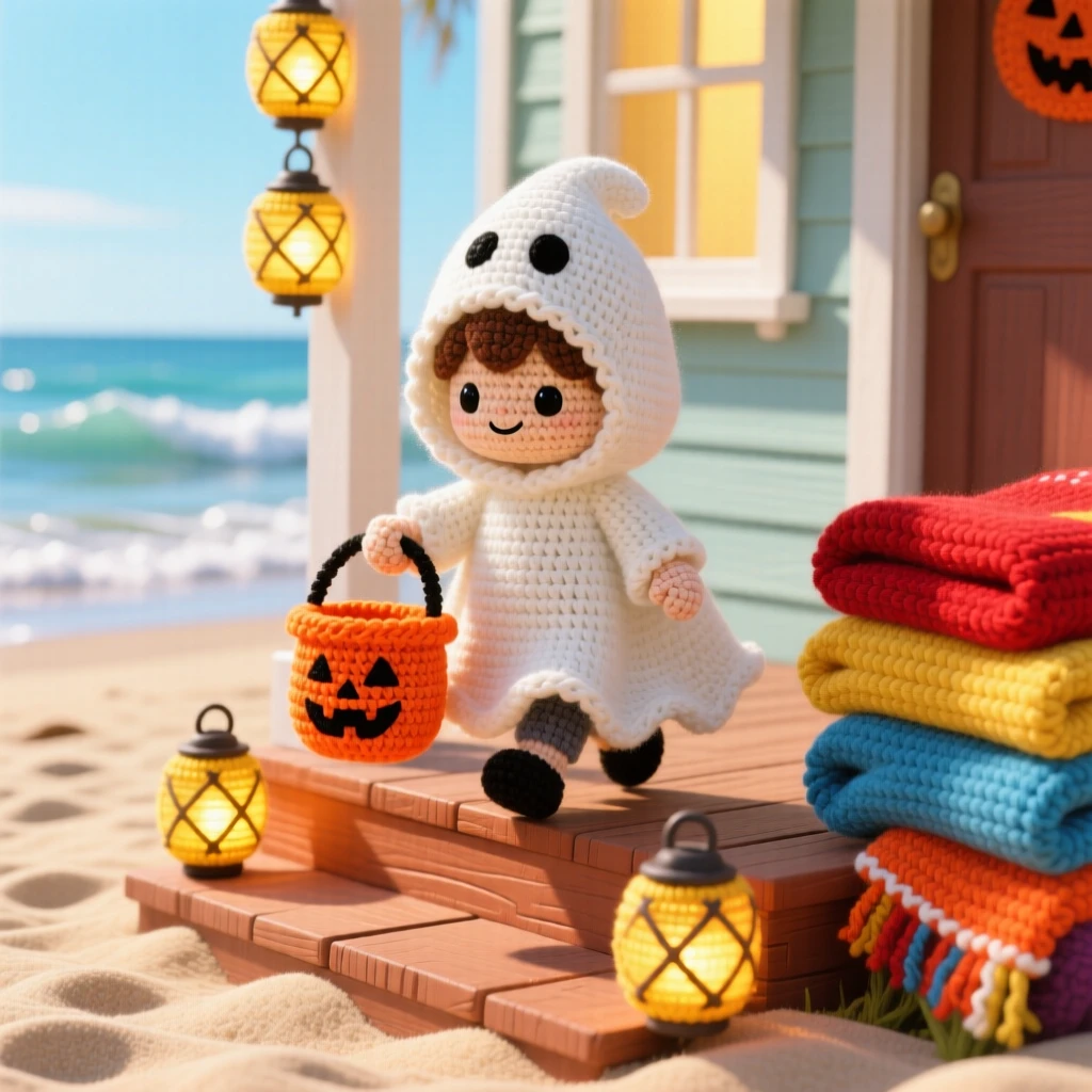 a small boy trick-or-treater dressed as a ghost, with a white sheet and a candy bucket, walking up a porch step lined with lanterns, set in a sun-drenched summer beach at low tide, with a stack of warm blankets, full of bright cheerful energy of a special day.