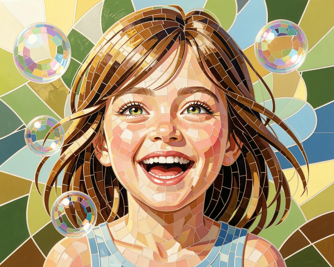 A close-up emotional portrait of a joyful young girl laughing while chasing bubbles in a sunlit garden, with striking eyes and gentle expression.