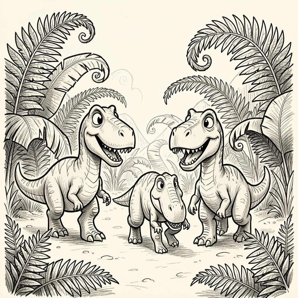 A dinosaur family walking together in a valley of giant ferns.