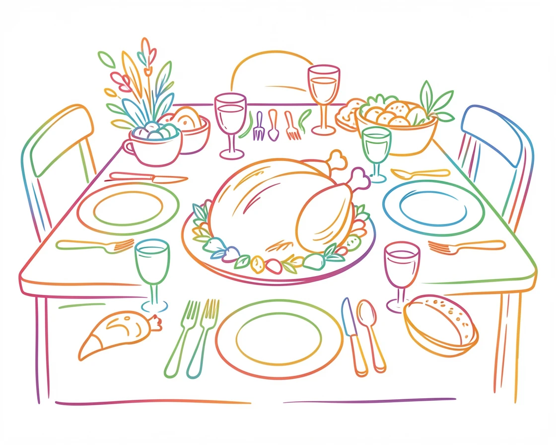 A table set for Thanksgiving dinner with a roasted turkey as the centerpiece.