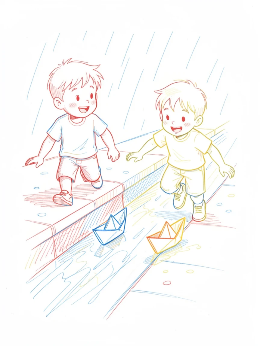 Two brothers racing paper boats down a rain-filled gutter