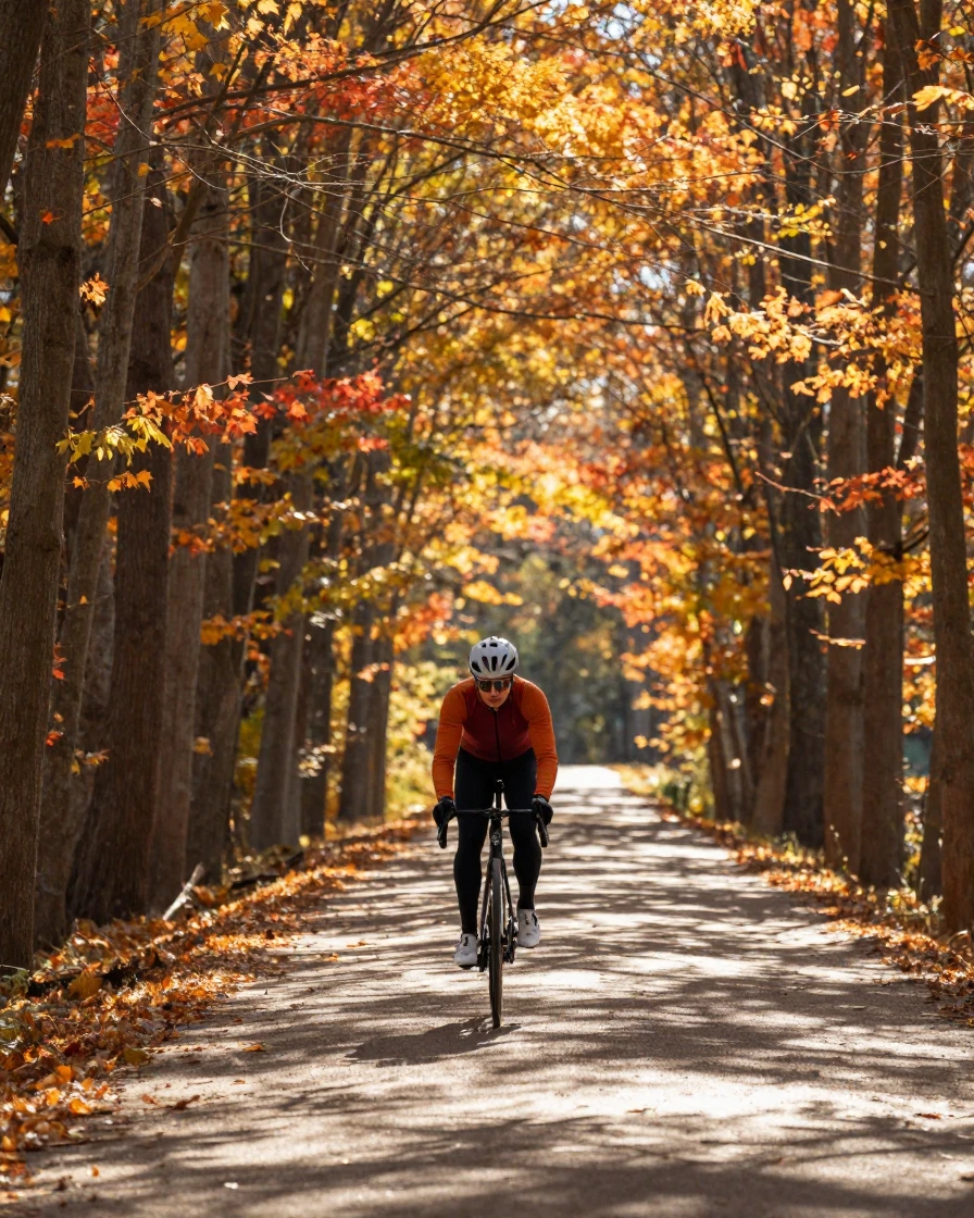 A cyclist riding through a tunnel of autumn trees