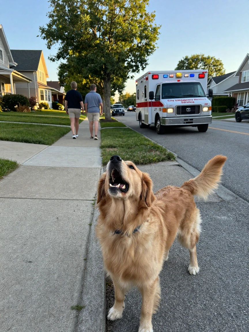 A dog 'sings' back at a passing ambulance siren with great enthusiasm.