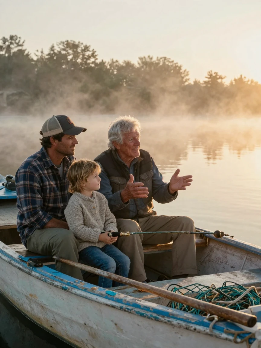 Three generations of a family gathered on a small fishing boat at dawn, telling old stories