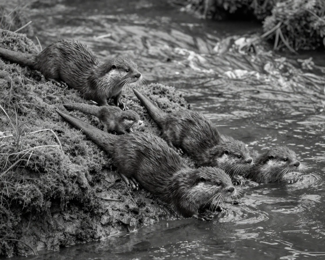 A family of otters slides down a muddy riverbank beside a mossy creek bank.