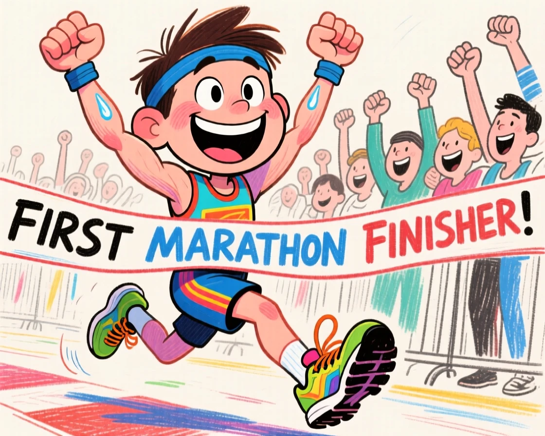 A young athlete crossing the finish line of their first marathon, arms raised triumphantly.