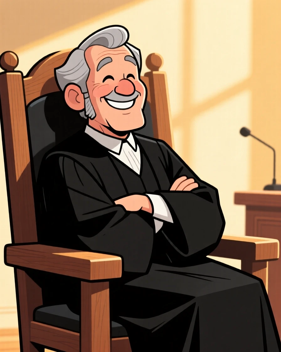 A charming portrait of a dignified judge, leaning back with arms crossed and a confident smile, framed by soft golden afternoon light.