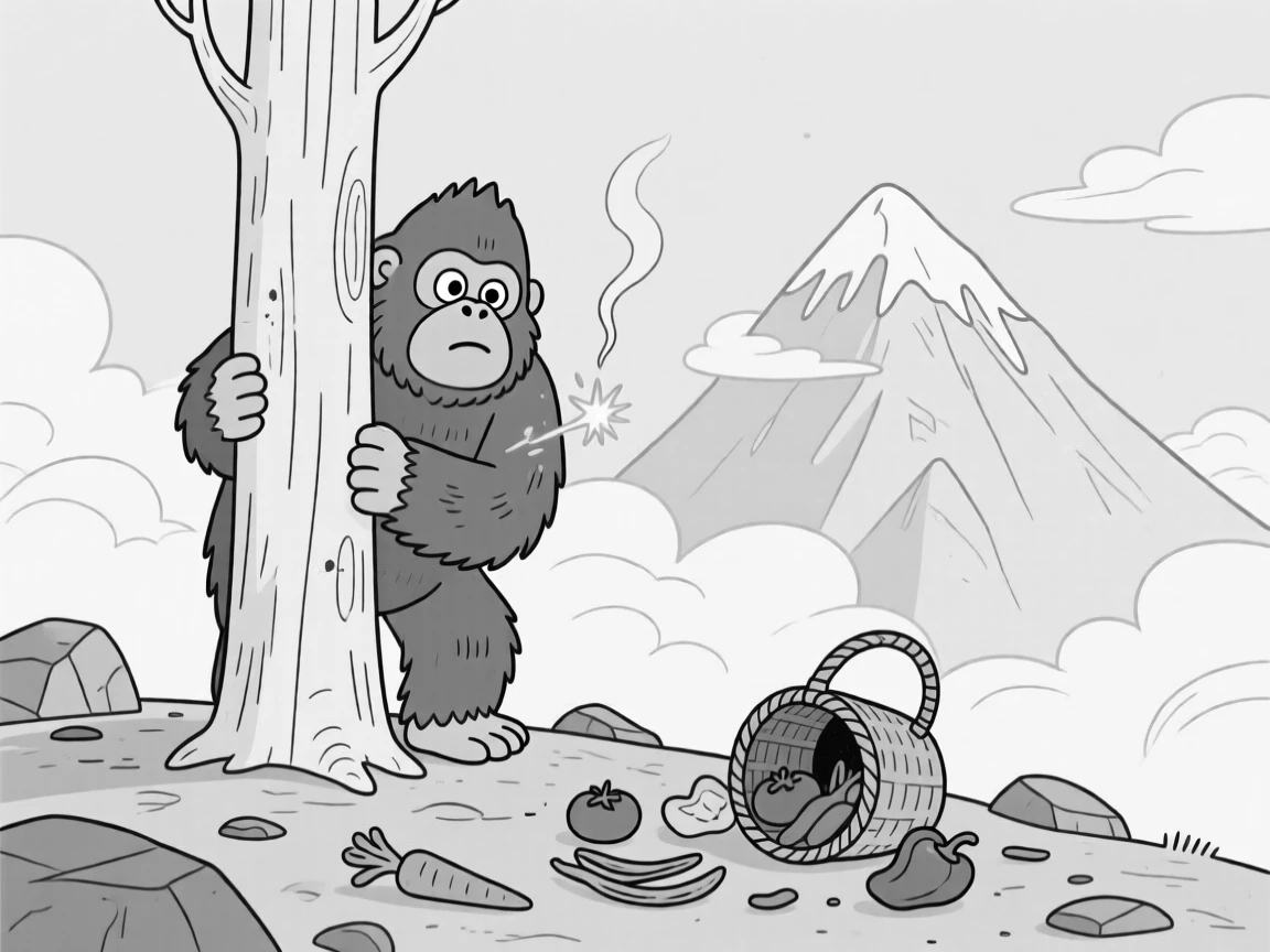 A shy Bigfoot peeking nervously from behind a tree, getting singed by a misfired spell, set atop a cloud-wrapped mountain peak. A basket lies overturned, vegetables scattered everywhere. There's a cozy, storybook warmth to the whole image.