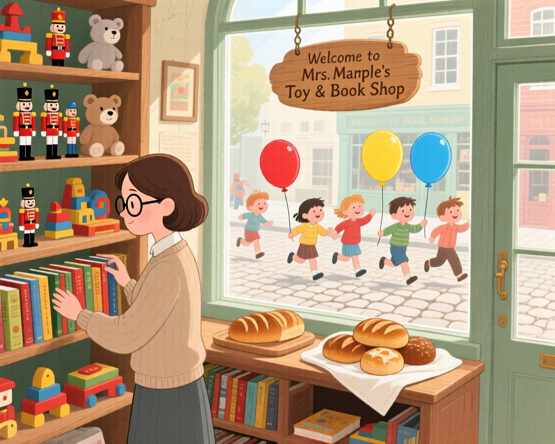 In an old-fashioned toy shop, a librarian shelving books is busy setting out fresh bread on a windowsill, while children skip past with balloons.