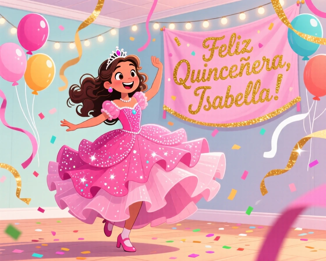 A quinceañera celebration with a girl dancing in a beautiful dress.