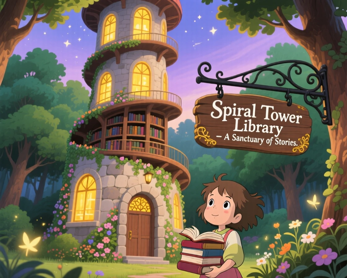 A charming view of a spiral tower library filled with tall arched windows, with warm light glowing from every window.