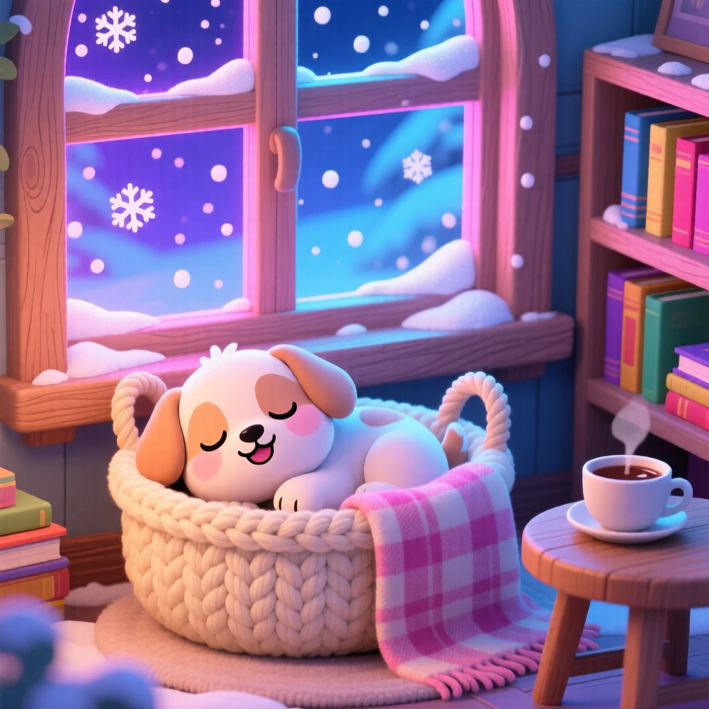 In a cozy reading nook, a fluffy puppy is napping inside a knitted basket during a cozy winter snowfall, bathed in neon-lit glow, expression full of delighted joy. Shot as a framed through a window.