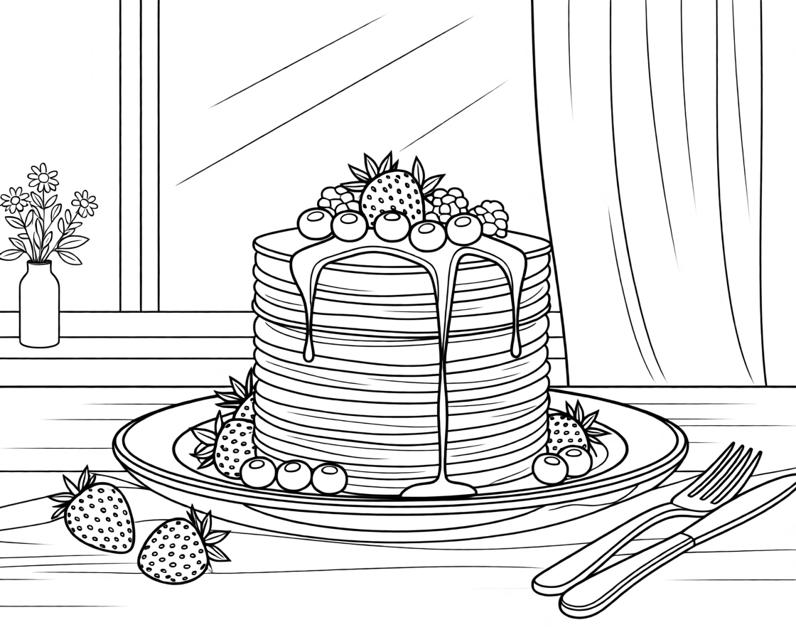 A stack of pancakes drizzled with syrup and fresh berries, with soft natural light streaming in from a nearby window.