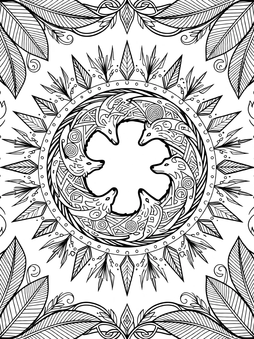 A mandala built from a ring of interlocking wolf silhouettes.