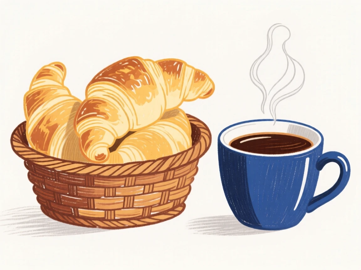 A basket of fresh croissants beside a cup of coffee.