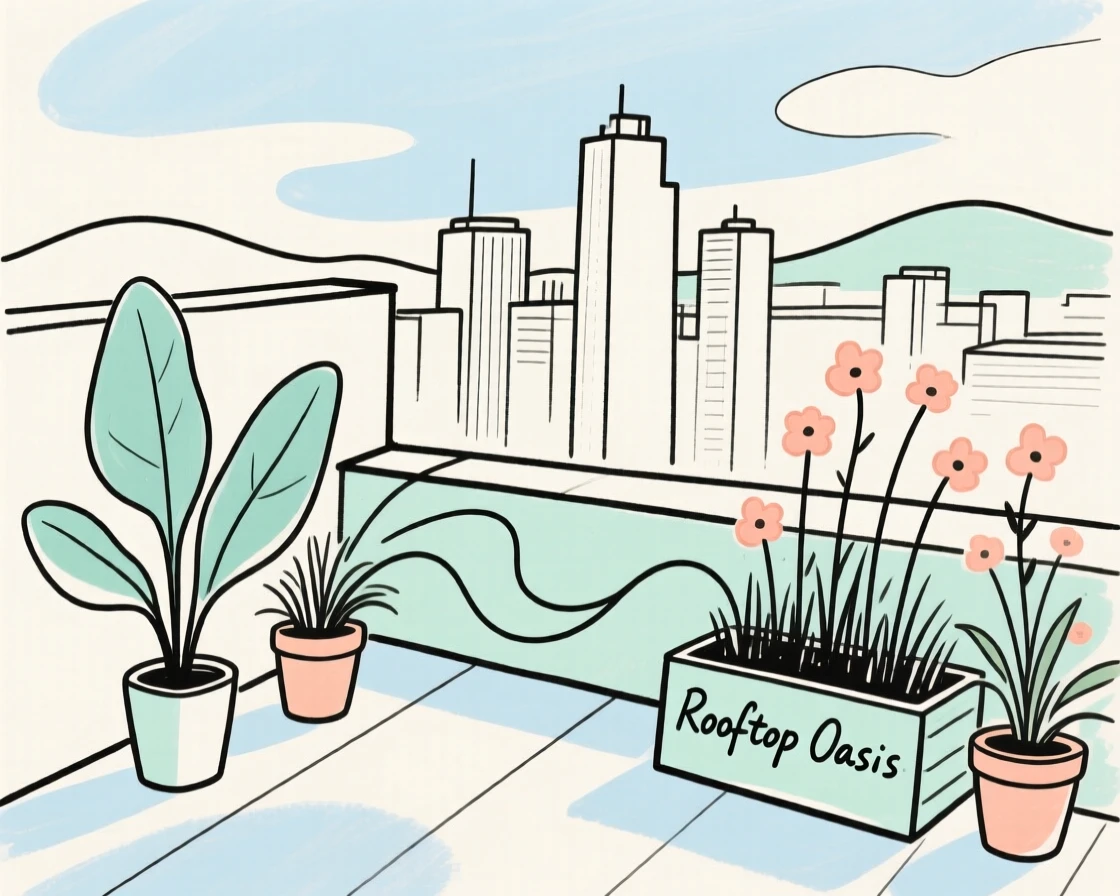 A rooftop garden overlooking a city