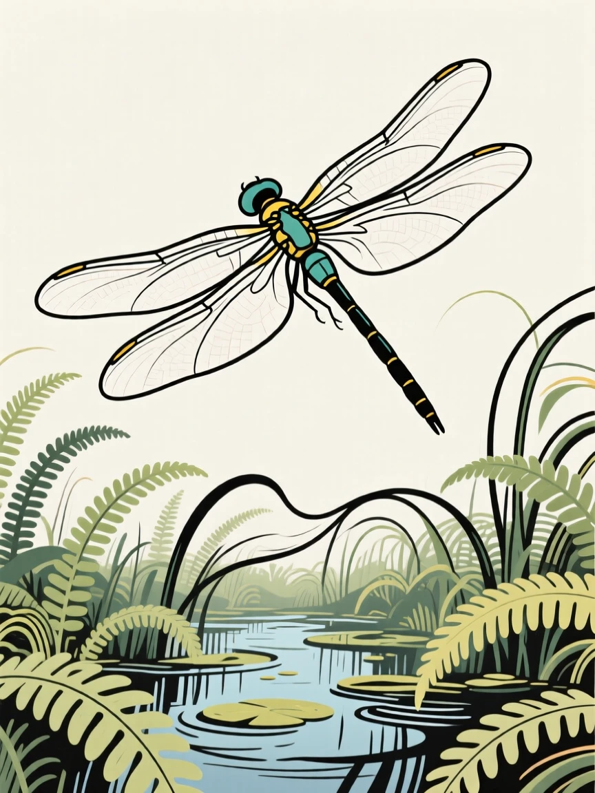 A giant prehistoric dragonfly hovering above a fern-filled swamp.