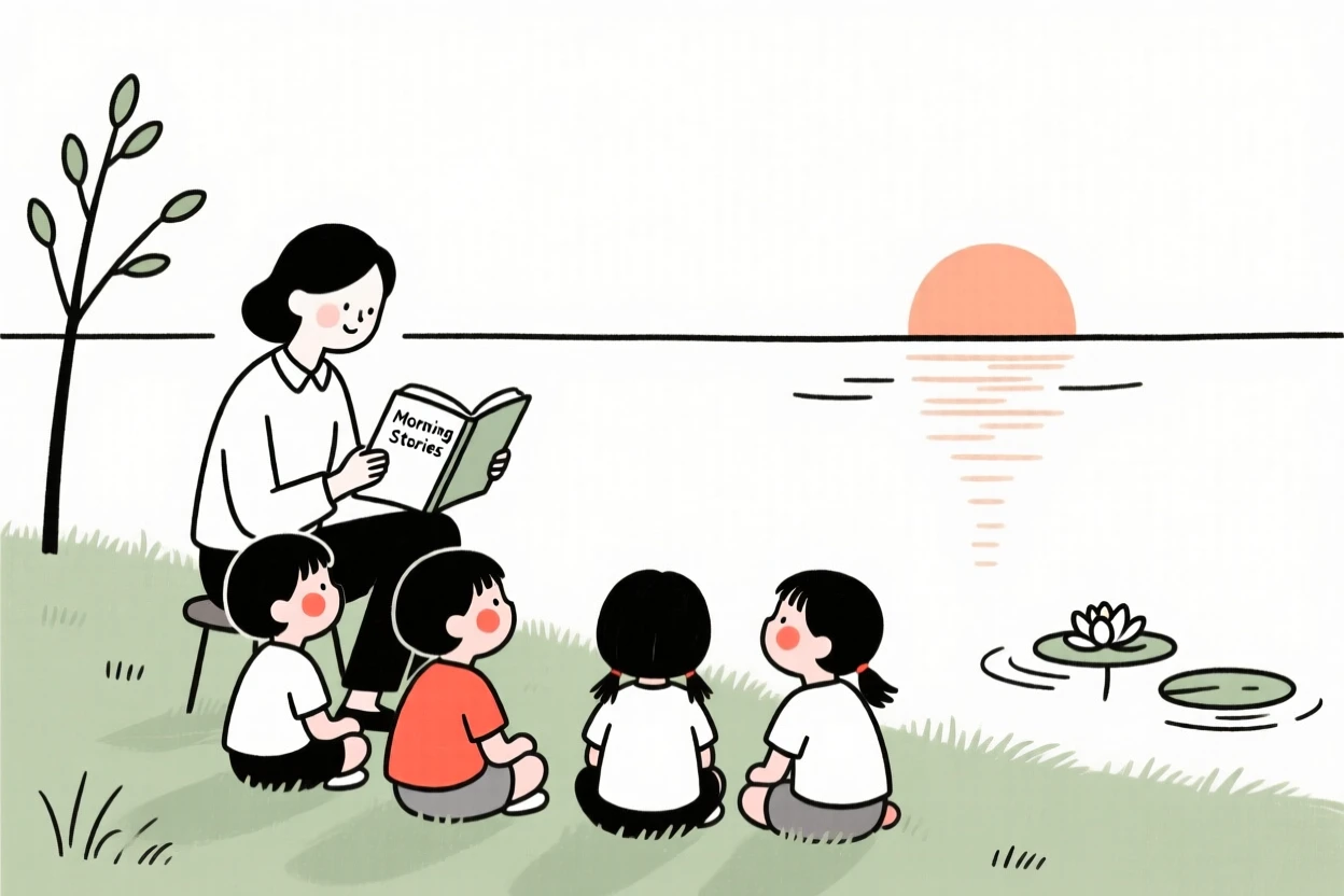 A teacher reading to a classroom beside a calm lake at sunrise.