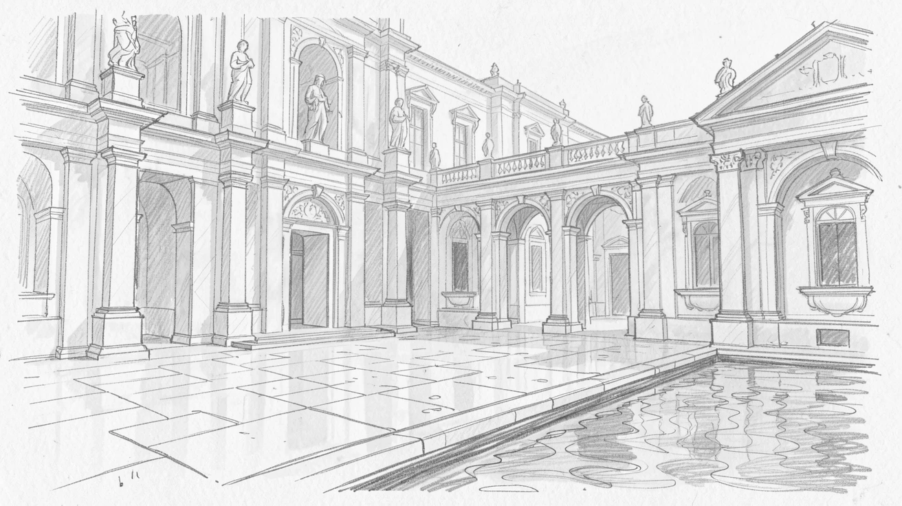 A grand marble palace courtyard bathed in warm afternoon light, with reflections shimmering in a nearby canal.