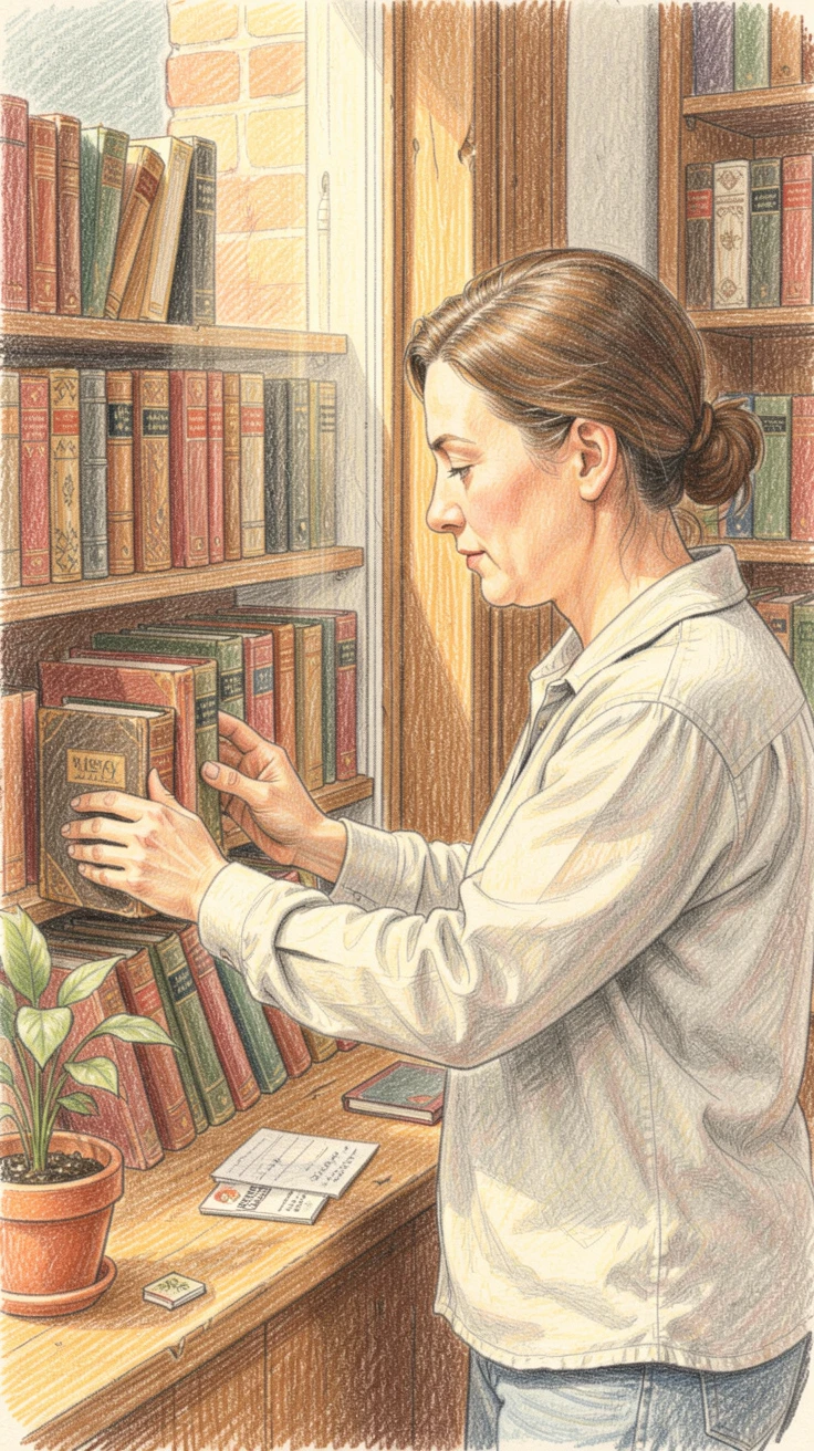 A bookshop owner arranging a window display of vintage novels, with warm natural light filling the scene, capturing the beauty of everyday dedication and skill.