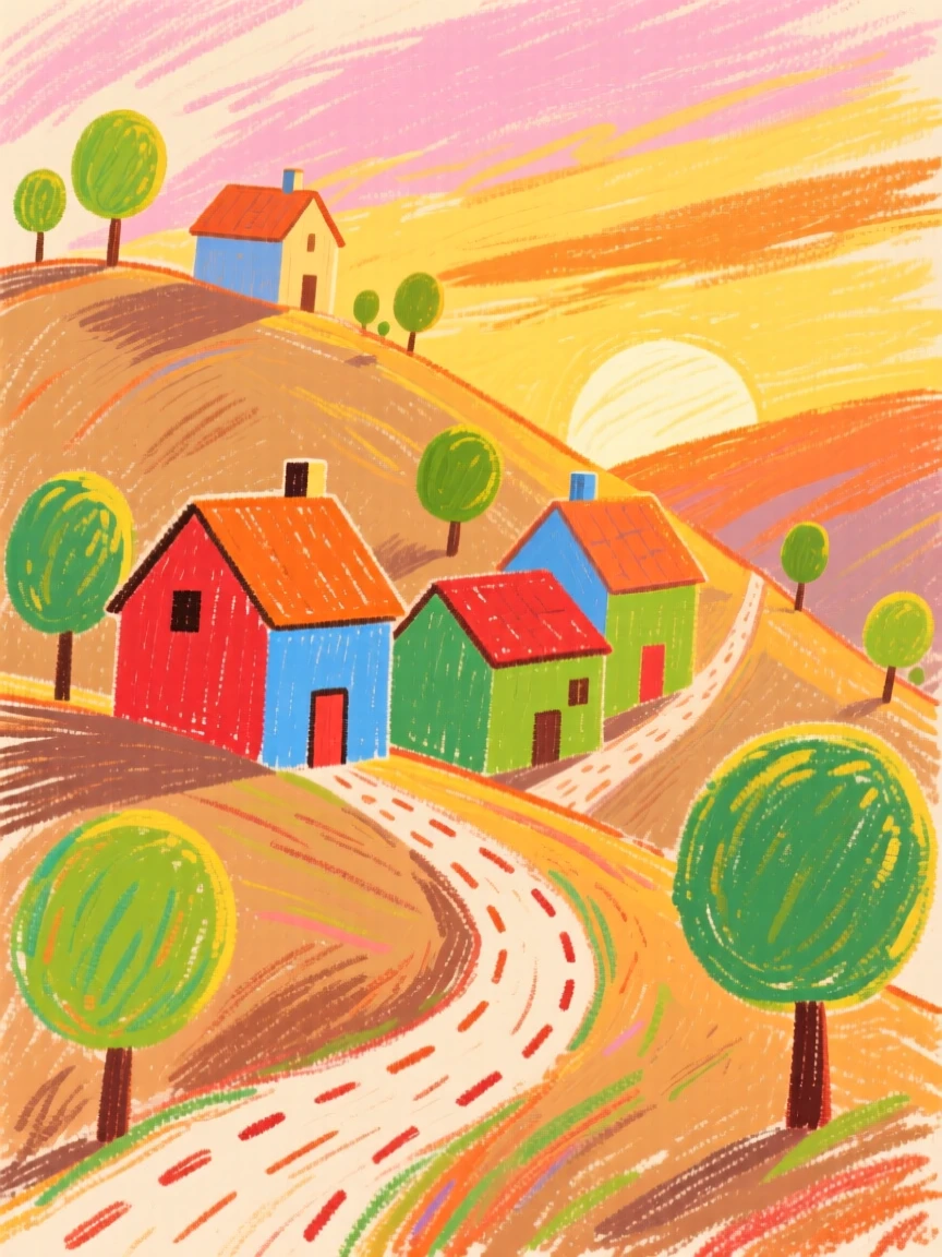 A view of a hillside village wrapped in golden light at sunset.