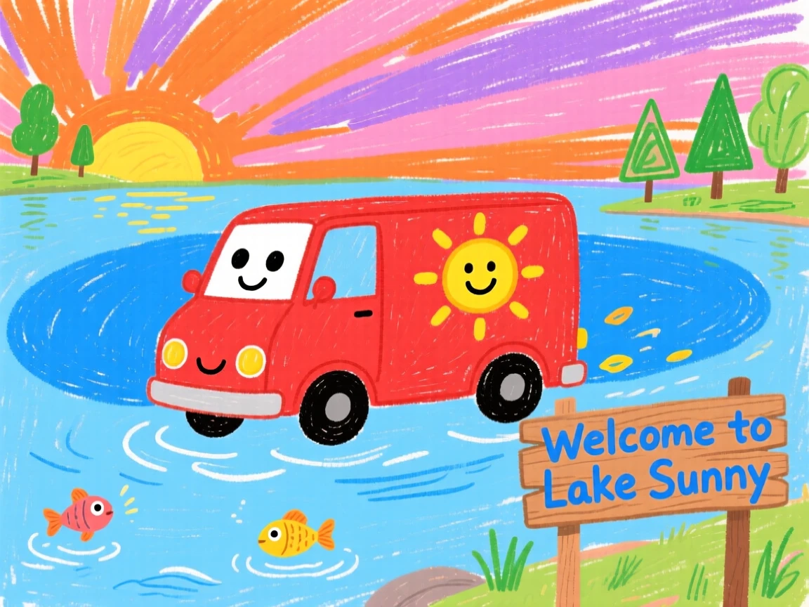 A friendly delivery van gliding over a quiet lake at sunset.