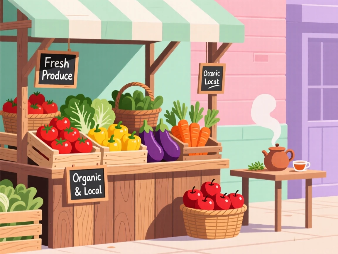 A weekend farmers market stall piled with fresh produce, set against a backdrop of pastel-colored walls, composed with a warm, inviting sense of everyday simplicity, with subtle steam rising to add a warm, lived-in feel.