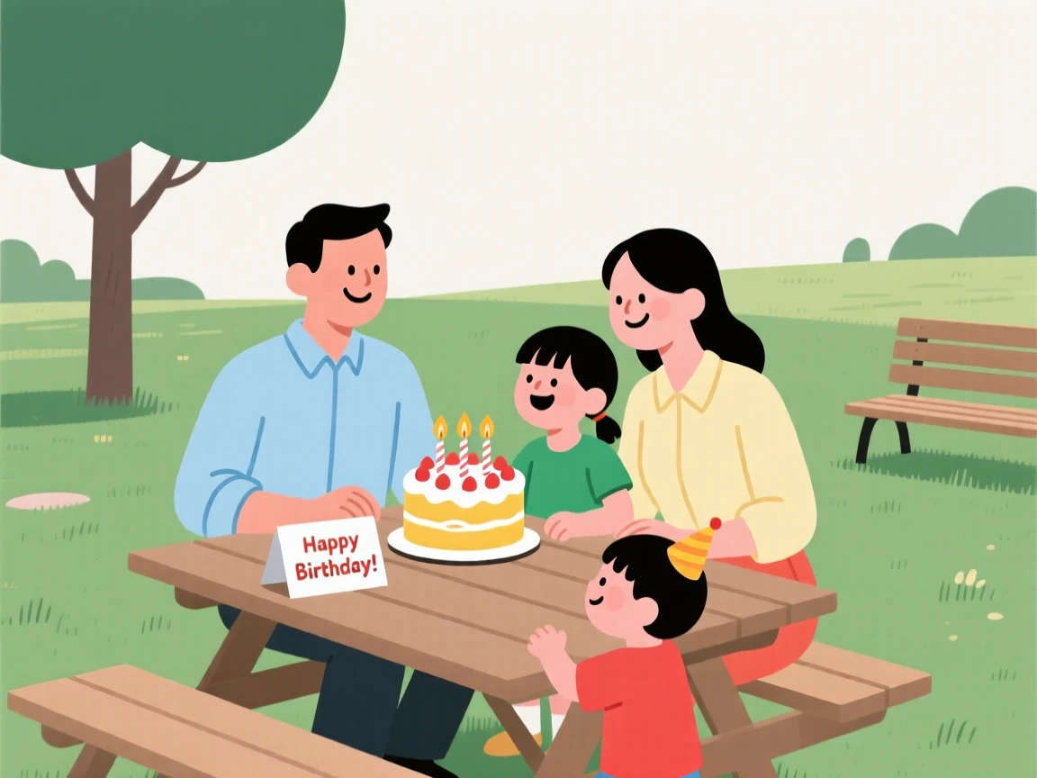A family celebrating a birthday together at a local park.