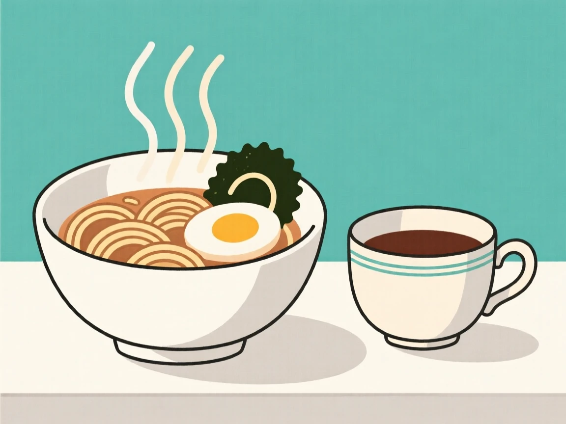 A close-up of steaming bowl of ramen arranged beside a vintage teacup in a sunny farmhouse kitchen, full of fresh vibrance.