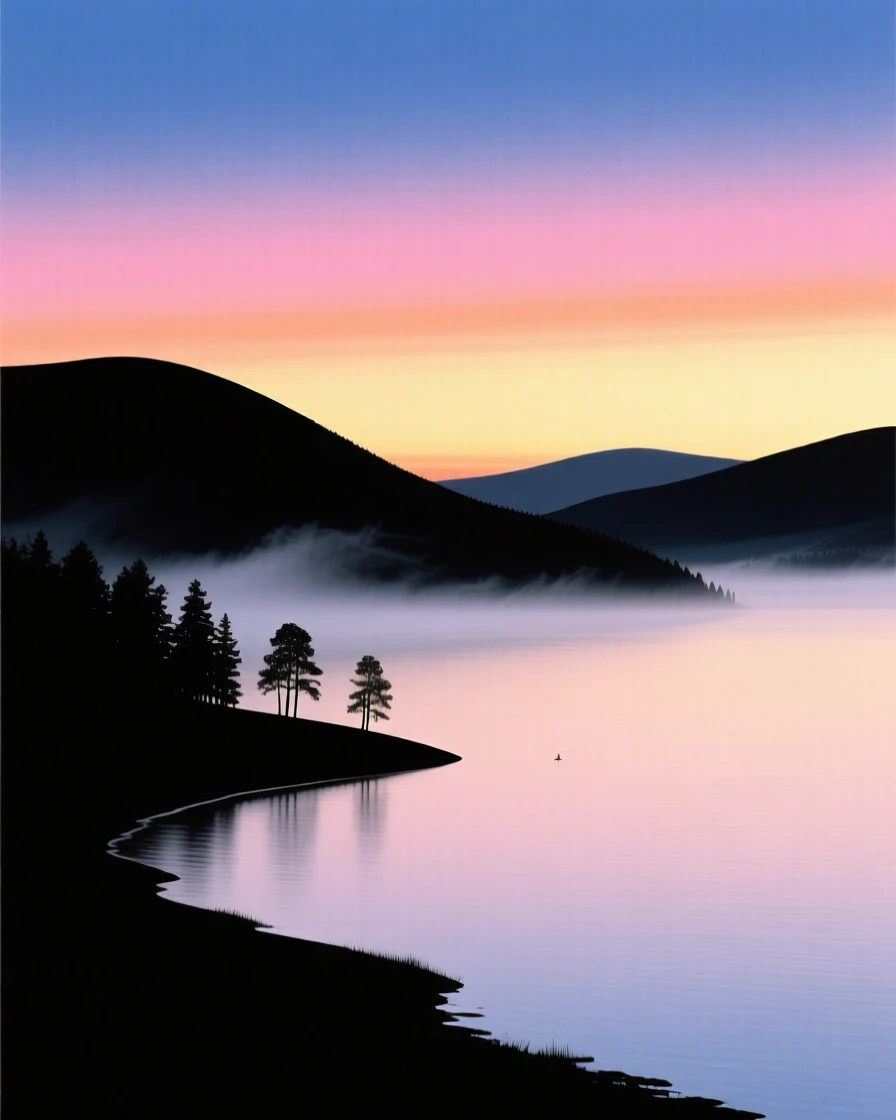 A wide, calm lake at dawn with mist rising gently off its surface.