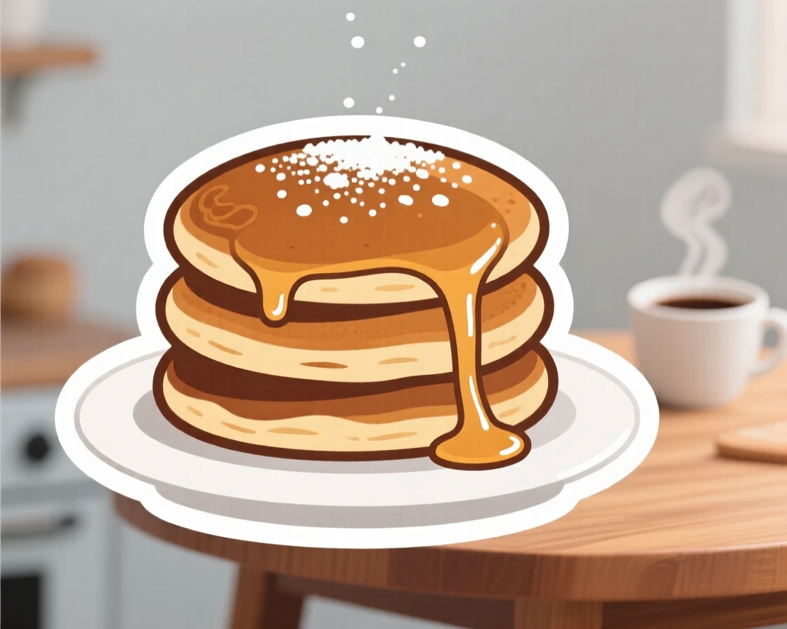 A cozy and comforting stack of fluffy pancakes with syrup dripping down, topped with a dusting of powdered sugar, in a cozy kitchen during breakfast.