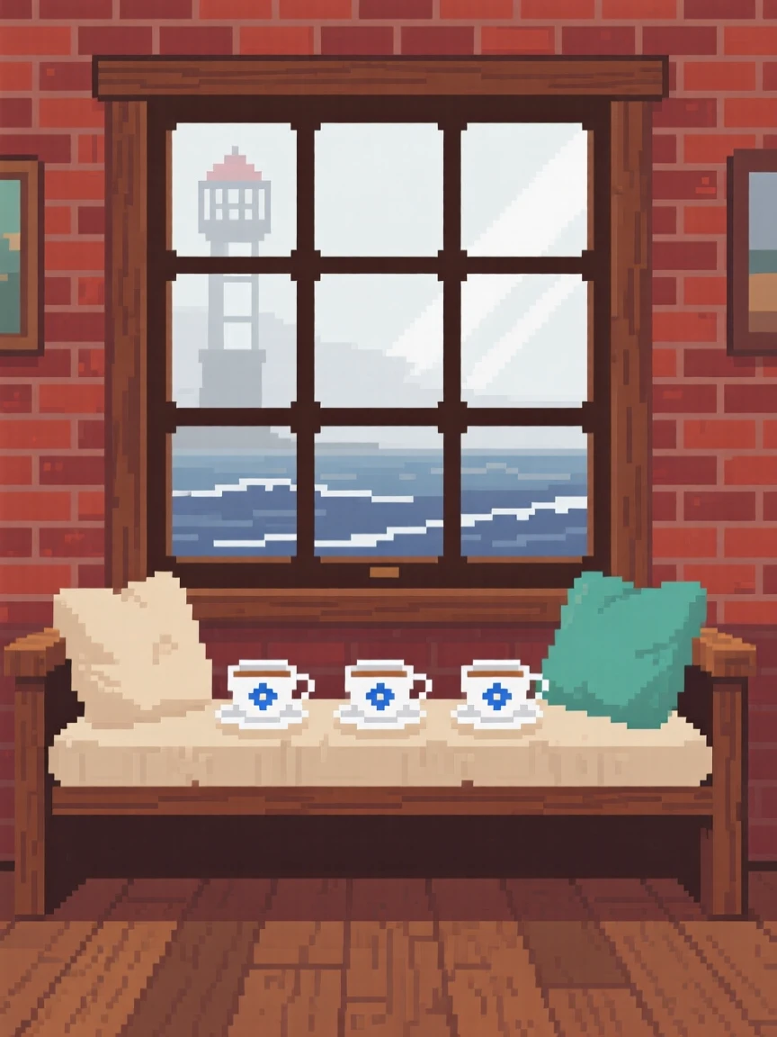 A window seat arranged with teacups and a fogged-up window, within a lighthouse keeper's living room.